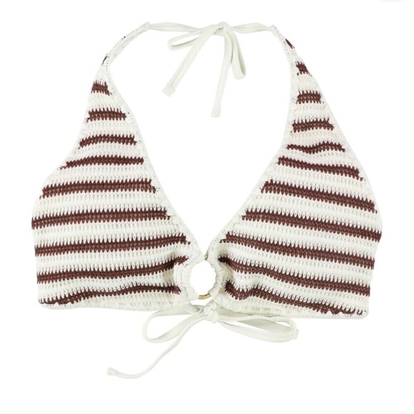AERIE Crochet Stripe Bikini Swim Triangle Top Brown Beige Size Medium - Picture 1 of 6
